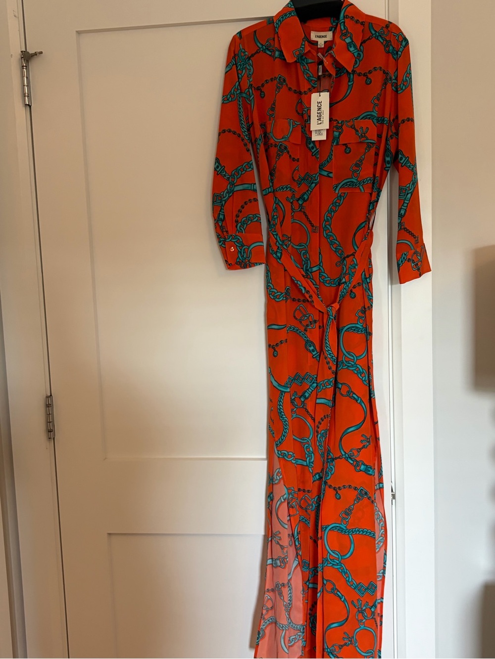 L’AGENCE Orange Chain-Print Long Sleeve Maxi Dress